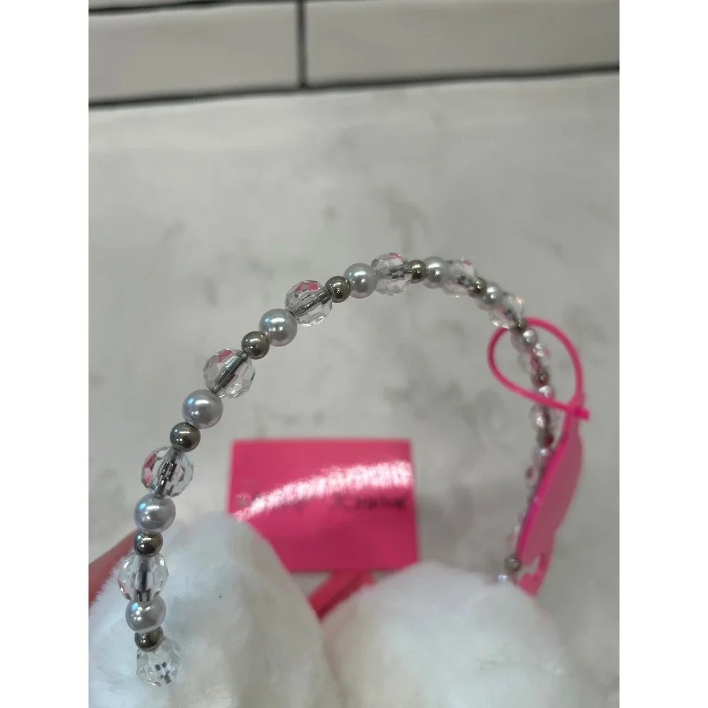 Betsey Johnson White Faux Fur Earmuffs Beaded Pearl Headband Winter Accessories